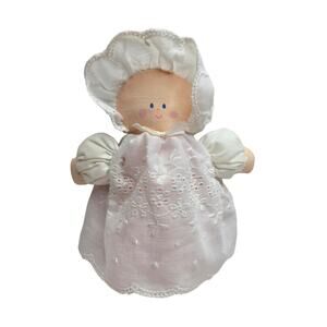 Vintage Eden Baby Doll Plush Rattle Eyelet Dress Bonnet White Pink EUC 7"